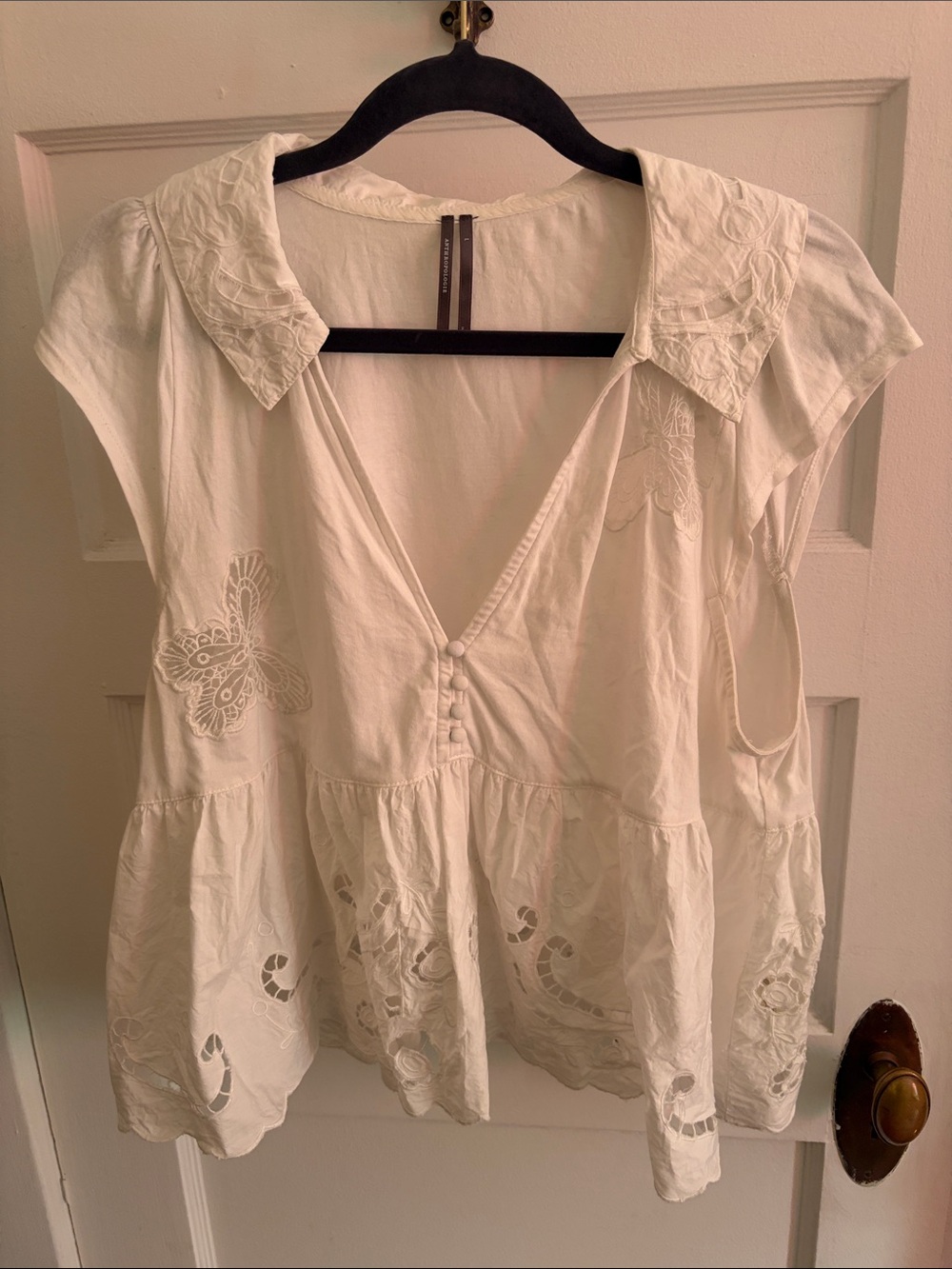 Anthropologie White Embroidered Peplum Blouse